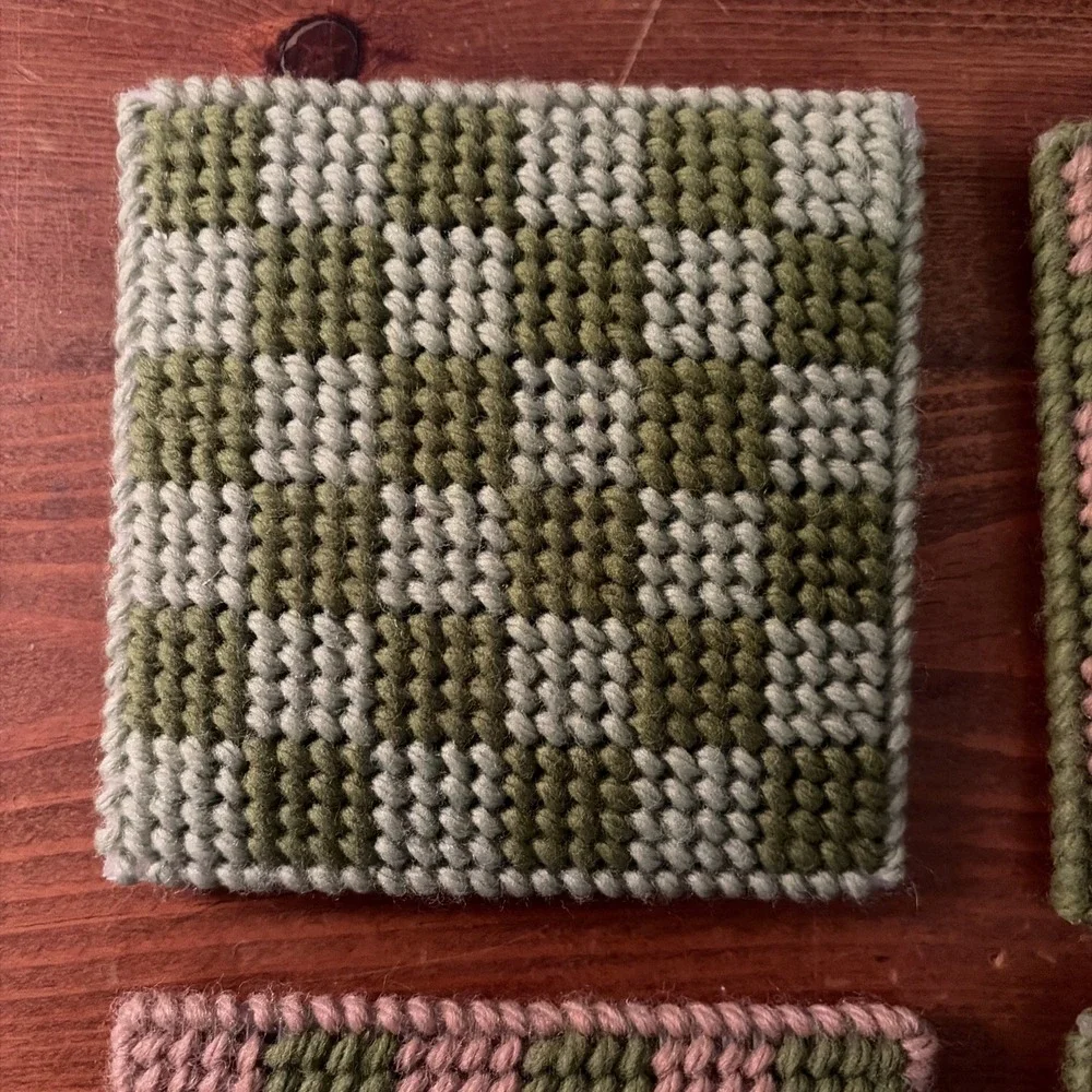 4 Handmade Square Coasters Green, Blue And‎ Pink